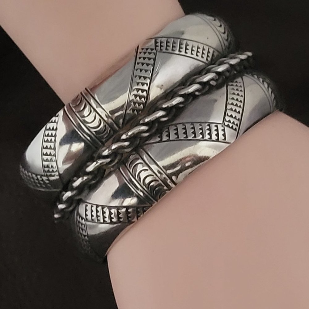 Vintage Wide Chunky Sterling Southwestern Tribal Etched Design Cuff Bracelet